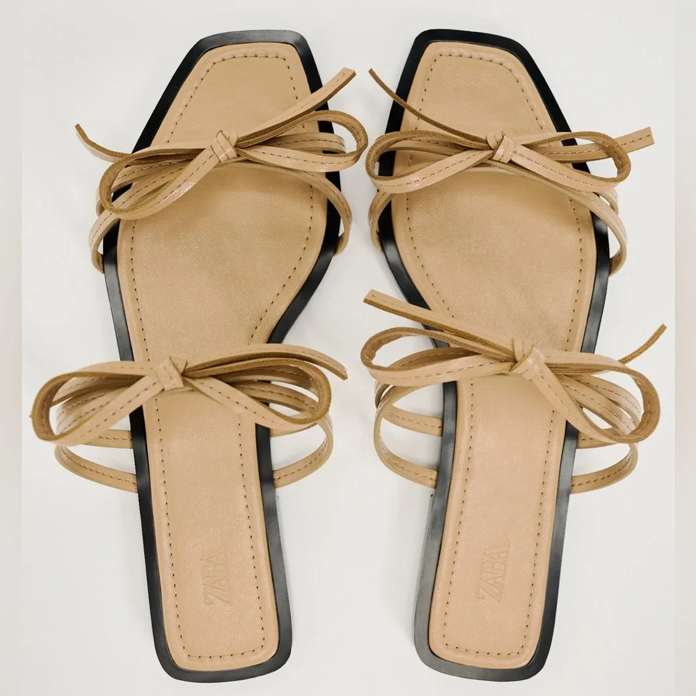 ZARA NUDE BOW TRIM FLAT SANDALS - Picture 5 of 7